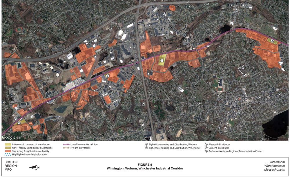 FIGURE 9. Wilmington, Woburn, Winchester Industrial Corridor
This is an aerial photo of parts of Wilmington, Woburn, and Winchester with intermodal warehouses and other industrial land uses highlighted.

